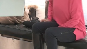 Chinese Lady trying Shoes with Black Nylon Socks