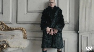 Blond Twink Boy Nude in Fur Coat Shows his Long Uncut Cock